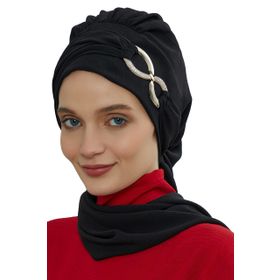 Aisha's Design HT-94 Siyah Aerobin Aksesuarlı Kumaş Hazır Türban