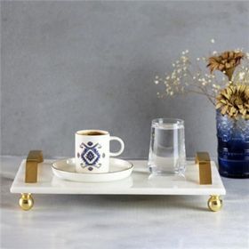 Akayev Mermer Beyaz 30x20 cm Altın Boncuk Ayaklı Tepsi