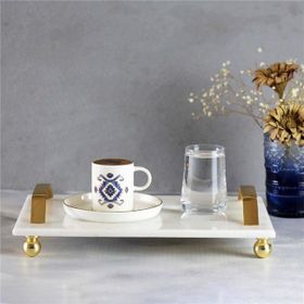 Akayev Mermer Beyaz 30x20 cm Altın Boncuk Ayaklı Tepsi