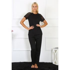 Akbeniz 4147-Siyah Kolu Dantelli Penye Kadın Pijama Takım
