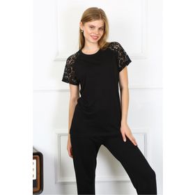 Akbeniz 4147-Siyah Kolu Dantelli Penye Kadın Pijama Takım