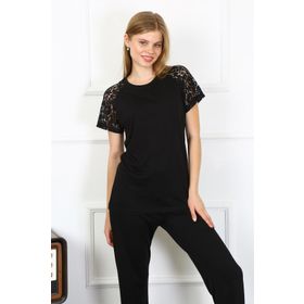 Akbeniz 4147-Siyah Kolu Dantelli Penye Kadın Pijama Takım