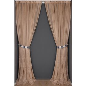 Akça Tekstil 300x260 cm Vizon Küçük Yaprak Model Tek Kanat Hazır Dikilmiş Pileli Fon Perde