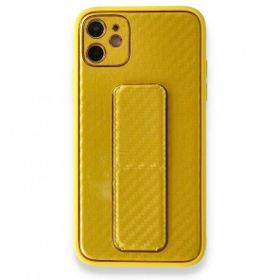 Alan Şanslı iPhone 12 Coco Karbon Standlı Kapak Sarı Cep Telefonu Kılıfı