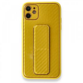 Alan Şanslı iPhone 12 Coco Karbon Standlı Kapak Sarı Cep Telefonu Kılıfı
