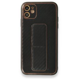Alan Şanslı iPhone 12 Coco Karbon Standlı Kapak Siyah Cep Telefonu Kılıfı