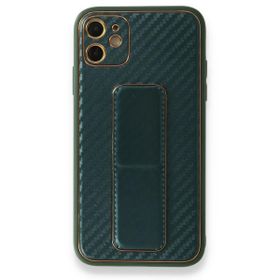 Alan Şanslı iPhone 12 Coco Karbon Standlı Kapak Yeşil Cep Telefonu Kılıfı