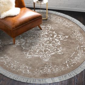 Alanur Home Alanur Trend Kaymaz Dod Tabanlı Saçaklı Dijital Yuvarlak Bej 160x160 cm Salon Halı