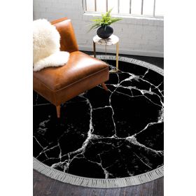 Alanur Home Alanur Yıldız Deri Tabanlı Saçaklı Dijital Yuvarlak Siyah 100x100 cm Salon Halı