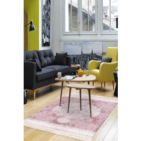 Alanur Home Alanur Yıldız Kaymaz Deri Tabanlı Saçaklı Dijital Krem Pudra Bej Pudra 80x150 cm Salon Halı