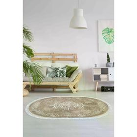 Alanur Home Alanur Yıldız Kaymaz Deri Tabanlı Saçaklı Dijital Oval Bej 120x180 cm Salon Halı