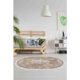 Alanur Home Alanur Yıldız Kaymaz Deri Tabanlı Saçaklı Dijital Oval Bej 120x180 cm Salon Halı