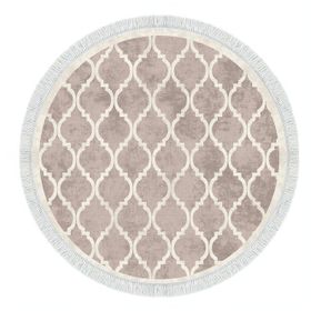 Alanur Home Star Kaymaz Pamuk Tabanlı Saçaklı Yuvarlak Krem Dijital Baskı Halı