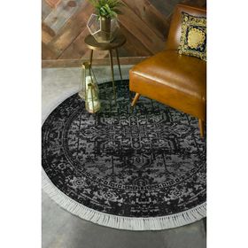 Alanur Home Yıldız Kaymaz Deri Tabanlı Saçaklı Dijital Yuvarlak Antrasit 100x100 cm Salon Halı
