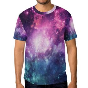 Alaza Gündelik Renkli Galaxy Yıldız ve Sis Evreni Kısa Kollu Erkek Tişört