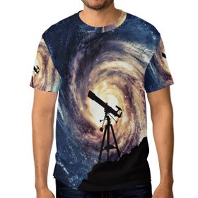 Alaza Renkli Galaksi Nebula ve Teleskop Kısa Kollu Erkek Tişört