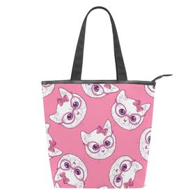 Alaza Tote Kanvas Sevimli Pembe Kedi 14×4.5×15 inç Çoklu Kadın Omuz El Çantası