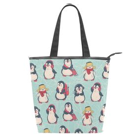 Alaza Tote Kanvas Sevimli Penguenler Doodle 14×4.5×15 inç Çoklu Kadın Omuz El Çantası