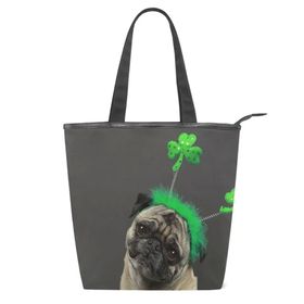Alaza Tote Kanvas Sevimli Pug Köpek St. Patrick's Day 14×4.5×15 inç Çoklu Kadın Omuz El Çantası