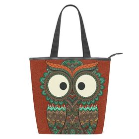 Alaza Tote Kanvas Sevimli Renkli Baykuş Vintage 14×4.5×15 inç Çoklu Kadın Omuz El Çantası