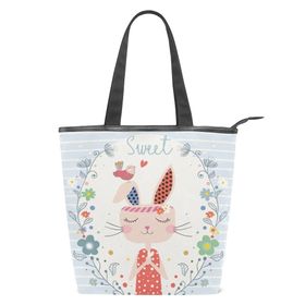 Alaza Tote Kanvas Sevimli Tavşan Kuş Çiçek 14×4.5×15 inç Çoklu Kadın Omuz El Çantası