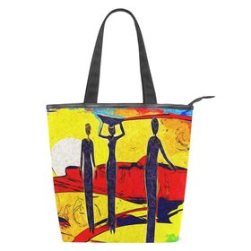 Alaza Tote Kanvas Soyut Afrikalı Kadın Parlak Renk 14×4.5×15 inç Çoklu Kadın Omuz El Çantası