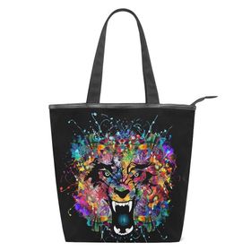 Alaza Tote Kanvas Suluboya Soyut Kurt 14×4.5×15 inç Çoklu Kadın Omuz El Çantası