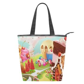 Alaza Tote Kanvas Sweet Candy Land Çizgi Film 14×4.5×15 inç Çoklu Kadın Omuz El Çantası