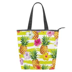 Alaza Tote Kanvas Tropik Ananas Amber Çiçeği 14×4.5×15 inç Çoklu Kadın Omuz El Çantası