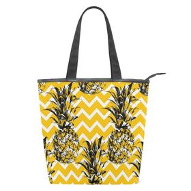 Alaza Tote Kanvas Tropikal Ananas Zikzak 14×4.5×15 inç Çoklu Kadın Omuz El Çantası
