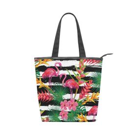 Alaza Tote Kanvas Tropikal Flamingo Palmiye Yaprakları Çiçekler Çizgili 14×4.5×15 inç Kadın Çoklu Omuz El Çantası