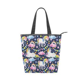 Alaza Tote Kanvas Unicorn Gökkuşağı Yıldız 14×4.5×15 inç Çoklu Kadın Omuz El Çantası