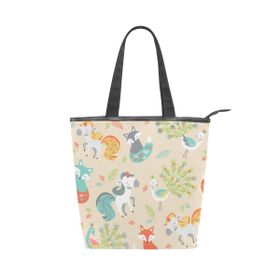 Alaza Tote Kanvas Unicorn Tilki Tavuskuşu 14×4.5×15 inç Çoklu Kadın Omuz El Çantası
