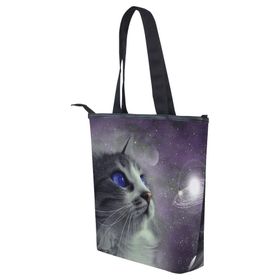 Alaza Tote Kanvas Uzay Gezegeninde Kedi 14×4.5×15 inç Çoklu Kadın Omuz El Çantası