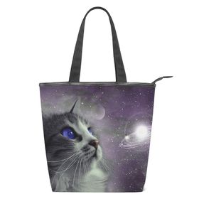 Alaza Tote Kanvas Uzay Gezegeninde Kedi 14×4.5×15 inç Çoklu Kadın Omuz El Çantası