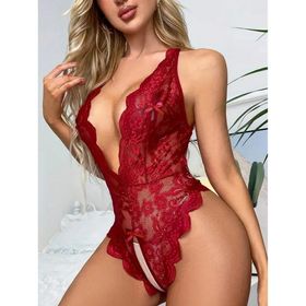 Albonse Bordo Özel Bölgesi ve Sırtı Açık Babydoll Seksi Gecelik