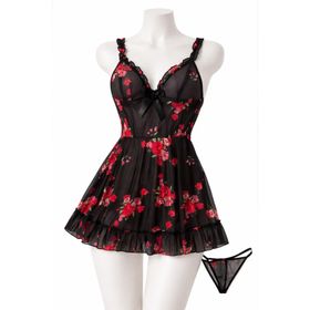 Albonse Kadın Fantazi İç Giyim Takımı Transparan Siyah Babydoll String Set