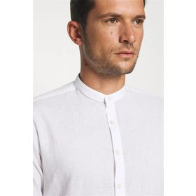 Alenmeza Erkek Beyaz Keten Hakim Yaka Modern Fit Cepsiz Gömlek