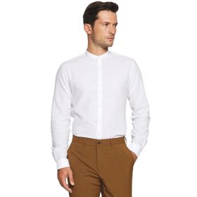 Alenmeza Erkek Beyaz Keten Hakim Yaka Modern Fit Cepsiz Gömlek
