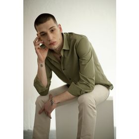 Alenmeza Erkek Çocuk Haki Keten Modern Fit Cepsiz Gömlek