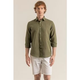 Alenmeza Erkek Çocuk Haki Keten Modern Fit Cepsiz Gömlek