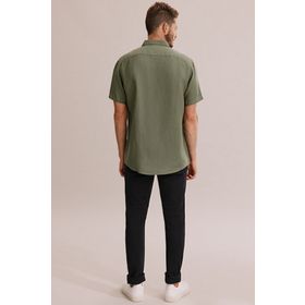 Alenmeza Erkek Çocuk Haki Keten Modern Fit Cepsiz Gömlek