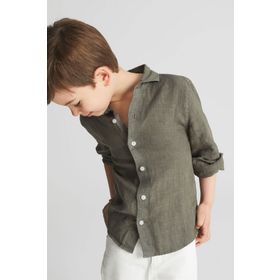 Alenmeza Erkek Çocuk Haki Keten Modern Fit Cepsiz Gömlek
