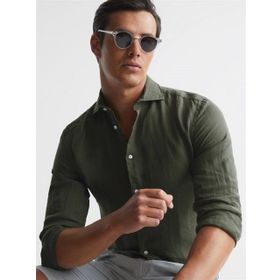 Alenmeza Erkek Haki Yeşil Keten Modern Fit Cepsiz Gömlek