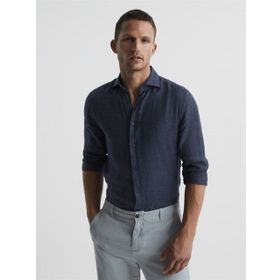 Alenmeza Erkek Keten Lacivert Modern Fit Cepsiz Gömlek