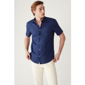 Alenmeza Erkek Keten Lacivert Modern Fit Cepsiz Gömlek