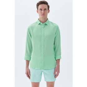 Alenmeza Erkek Mint Yeşil Keten Modern Fit Cepsiz Gömlek