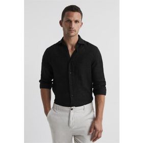 Alenmeza Erkek Siyah Keten Modern Fit Cepsiz Gömlek