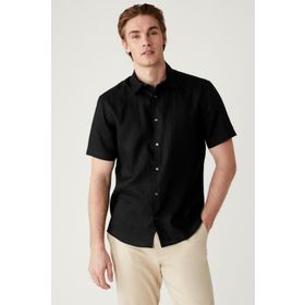Alenmeza Erkek Siyah Keten Modern Fit Cepsiz Gömlek