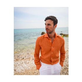 Alenmeza Erkek Turuncu Keten Cepsiz Modern Fit Gömlek